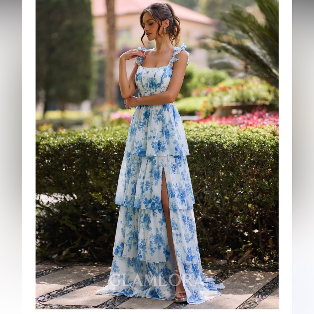 Blue Floral Tiered Maxi Dress - Picture 2 of 12